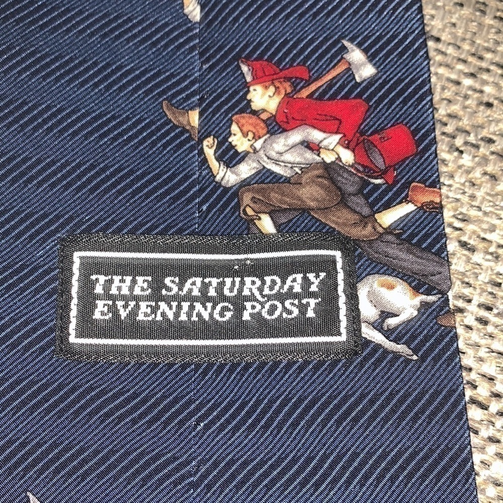 FIREMAN’S Necktie The Saturday Evening Post Norman Rockwell Fireman Dog Silk NEW - Picture 3 of 9